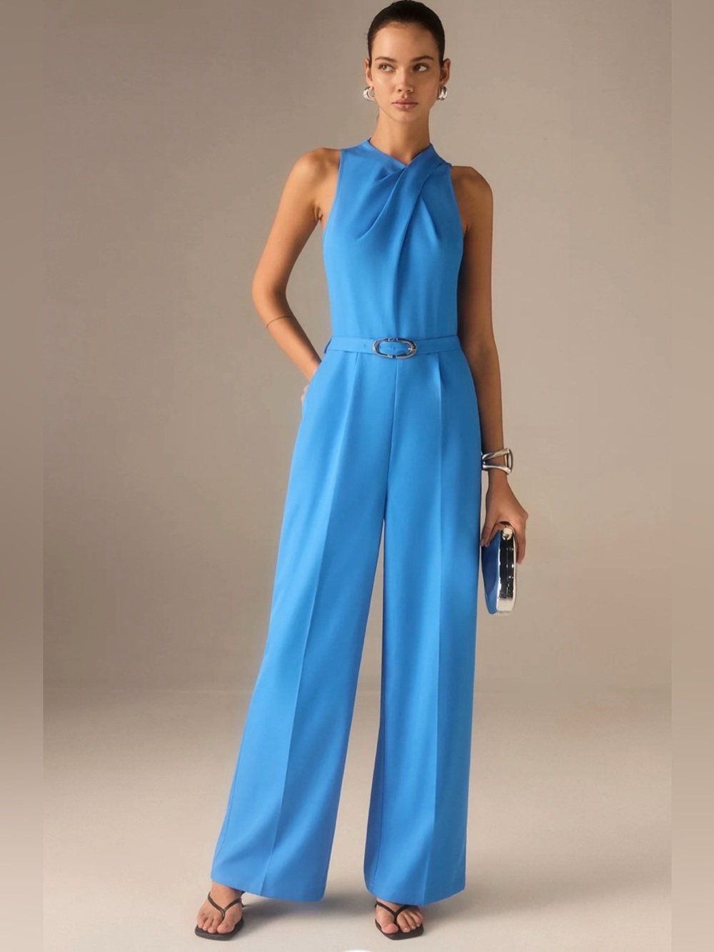 Commense Bright Blue Sleeveless Belted Twist Jumpsuit